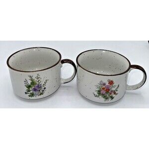 Vintage Speckled Stoneware Coffee Mugs Wildflowers Religious Japan Set Of 2
